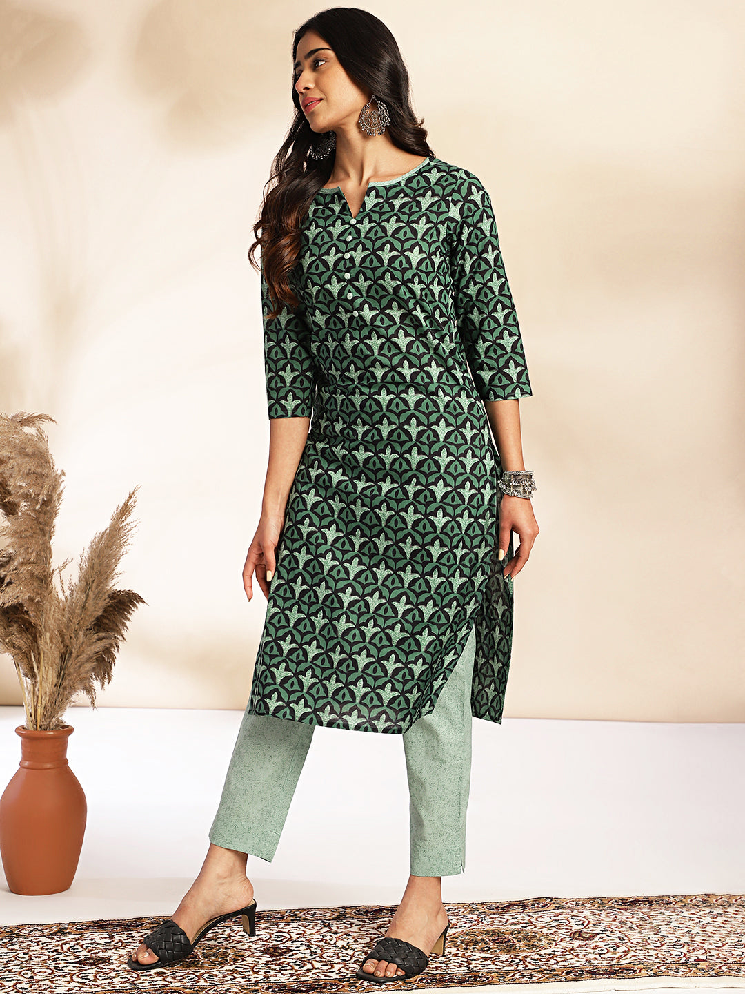 Janasya Green Cotton Printed Sets - Distacart