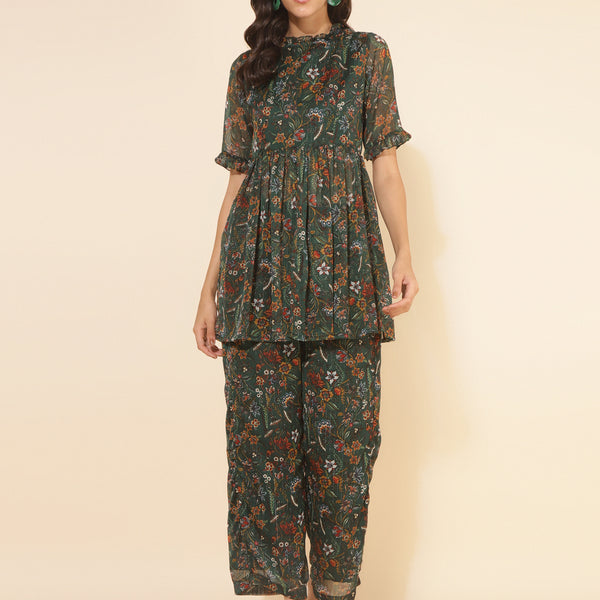 Janasya Green Chiffon Lurex Floral Printed Co-ords - Distacart