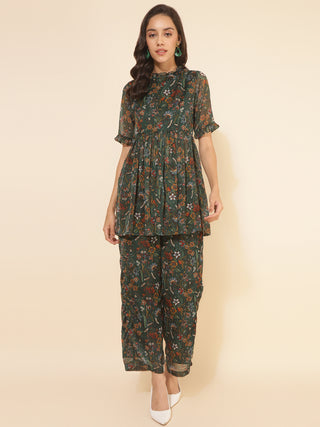 Janasya Green Chiffon Lurex Floral Printed Co-ords - Distacart