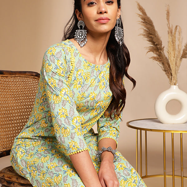 Janasya Light Green Cotton Floral Straight Co-ord Set