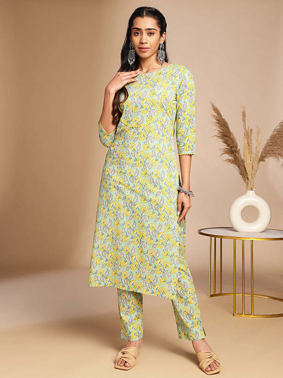 Janasya Light Green Cotton Floral Straight Co-ord Set