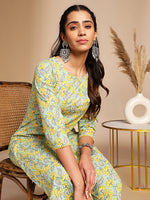Thumbnail for Janasya Light Green Cotton Floral Straight Co-ord Set
