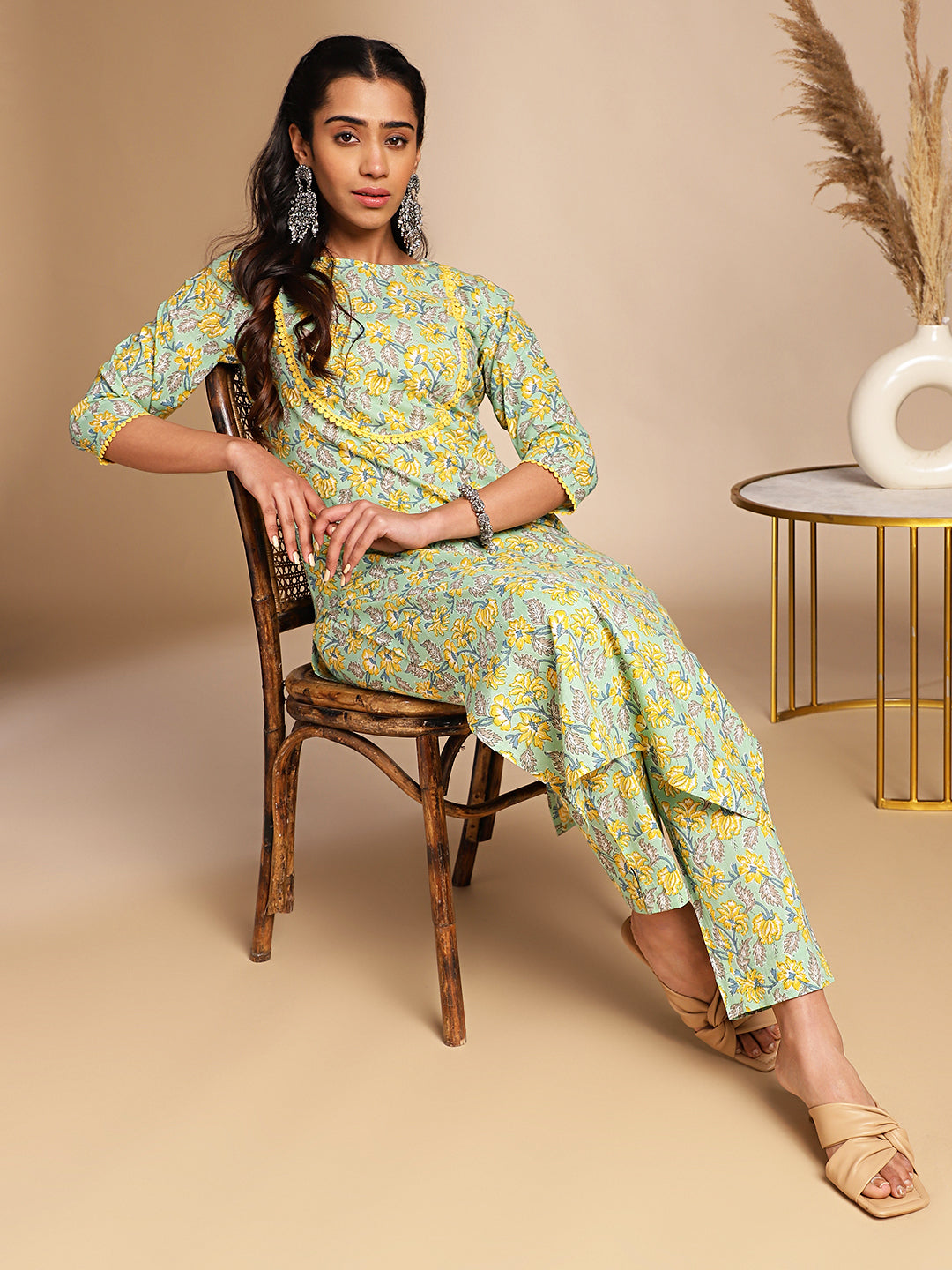 Janasya Light Green Cotton Floral Straight Co-ord Set