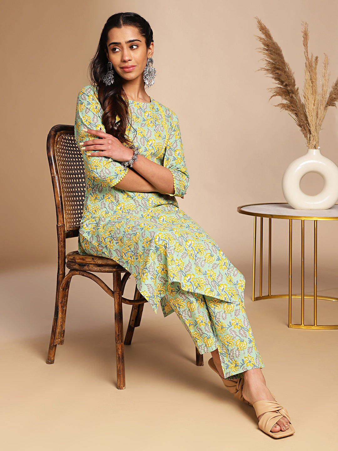 Janasya Light Green Cotton Floral Straight Co-ord Set