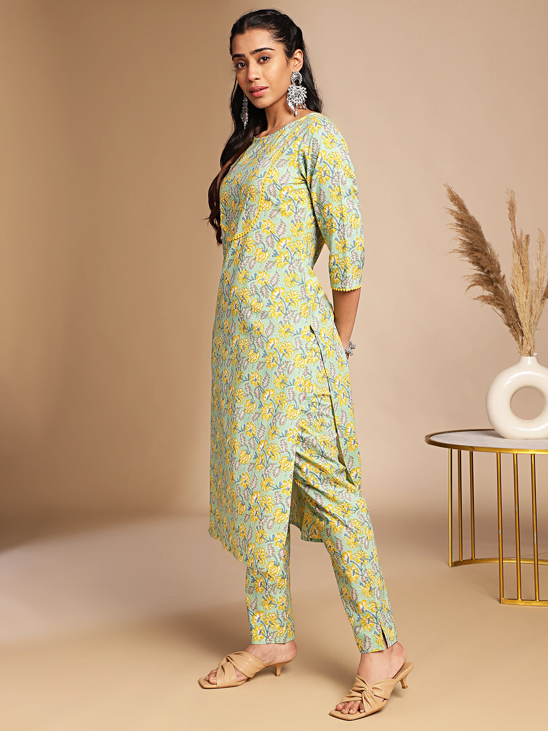 Janasya Light Green Cotton Floral Straight Co-ord Set