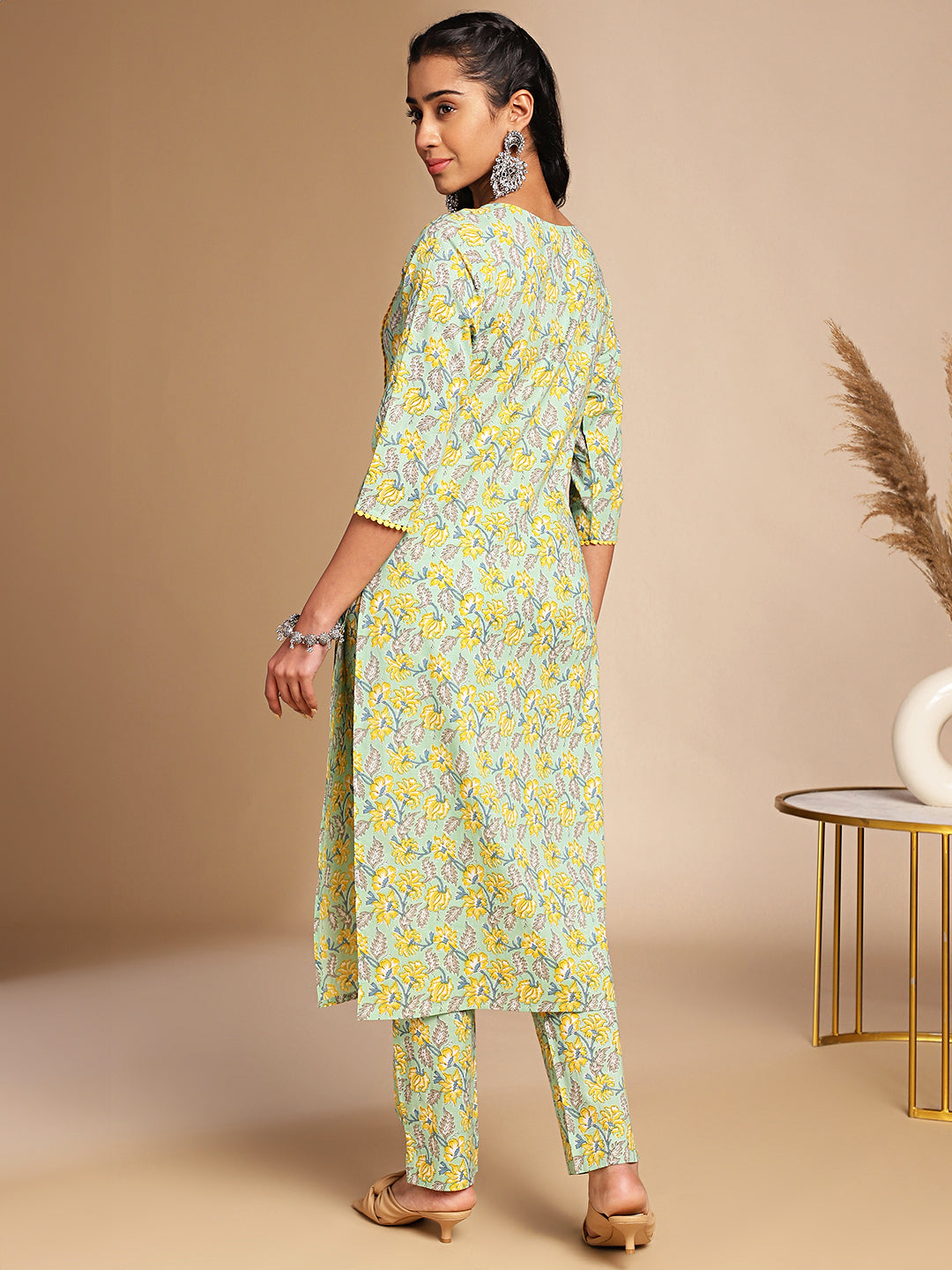 Janasya Light Green Cotton Floral Straight Co-ord Set