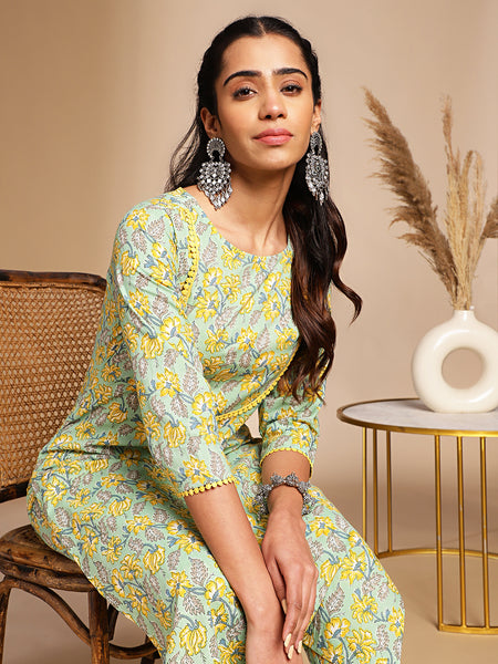 Janasya Light Green Cotton Floral Straight Co-ord Set