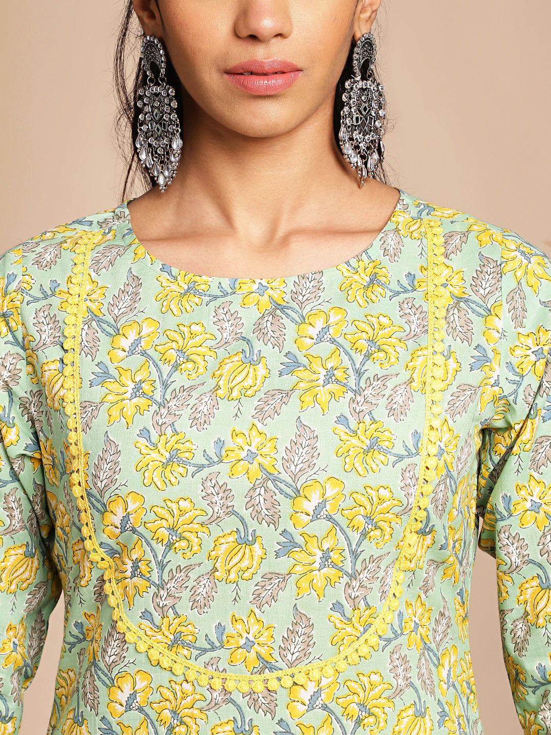 Janasya Light Green Cotton Floral Straight Co-ord Set