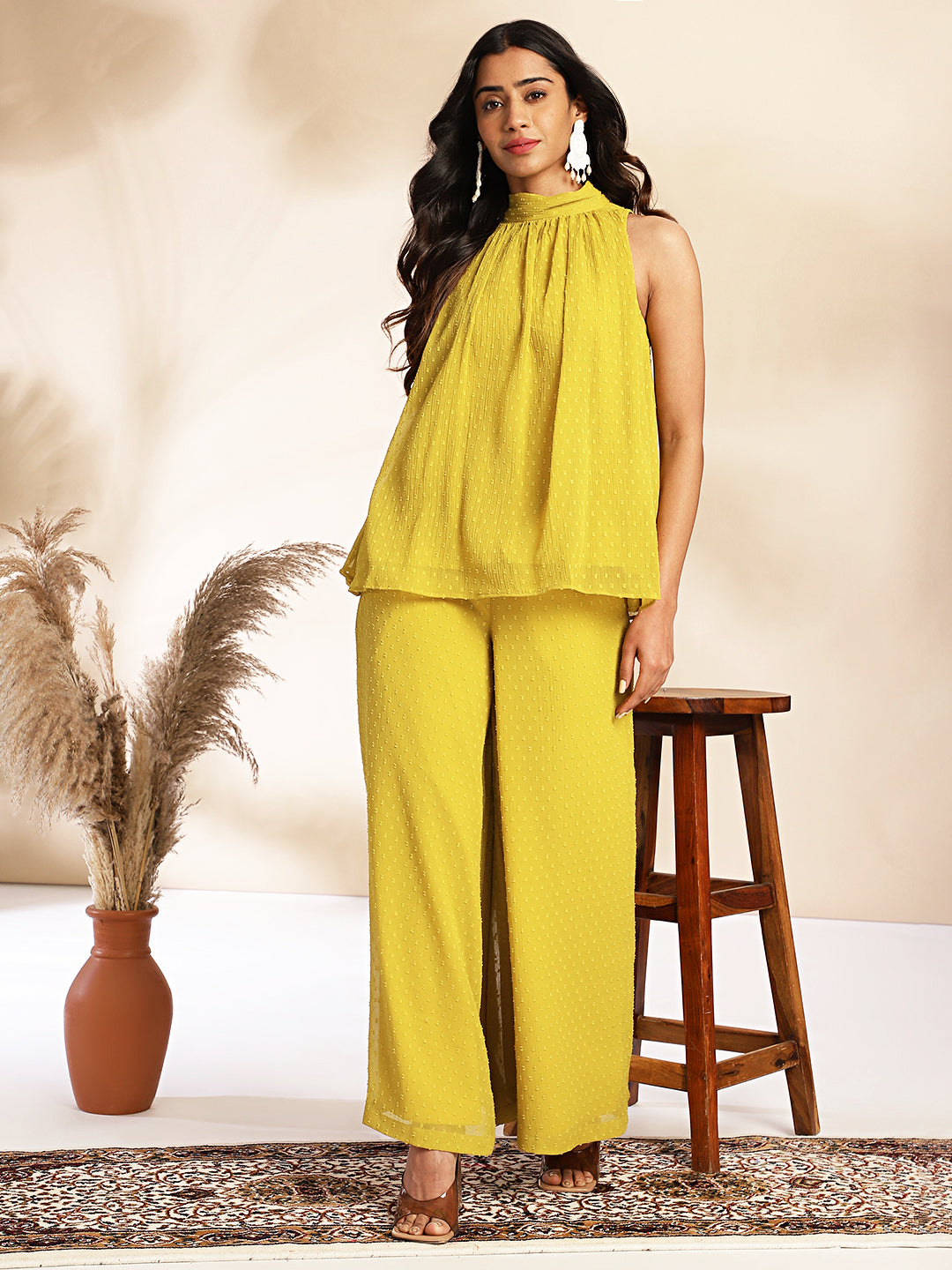 Janasya Yellow Dobby Chiffon Solid Sets - Distacart