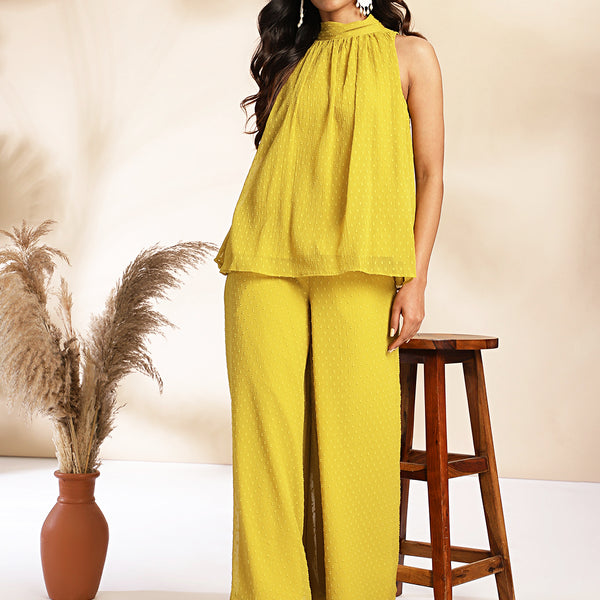 Janasya Yellow Dobby Chiffon Solid Sets - Distacart