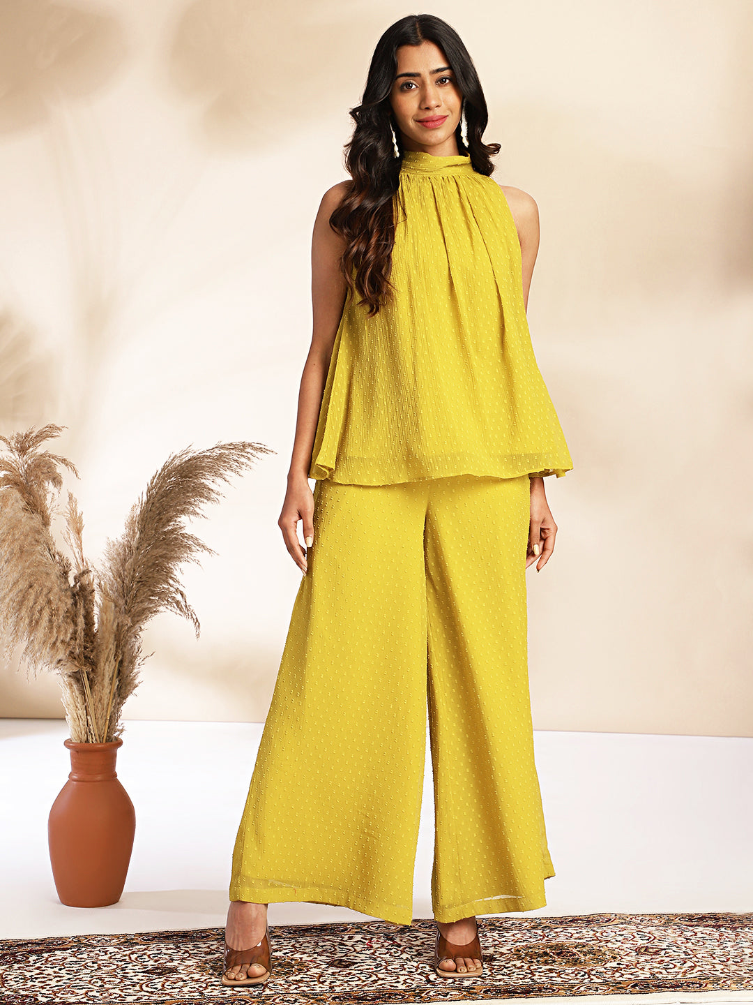 Janasya Yellow Dobby Chiffon Solid Sets - Distacart