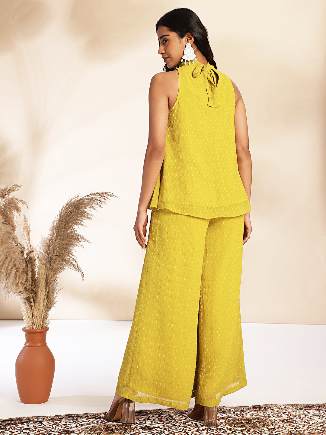 Janasya Yellow Dobby Chiffon Solid Sets - Distacart