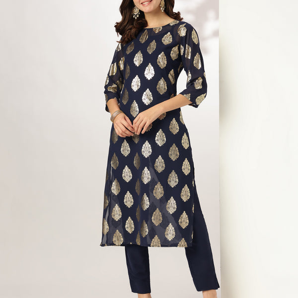 Janasya Dark Georgette Foil Print Straight Kurta Set