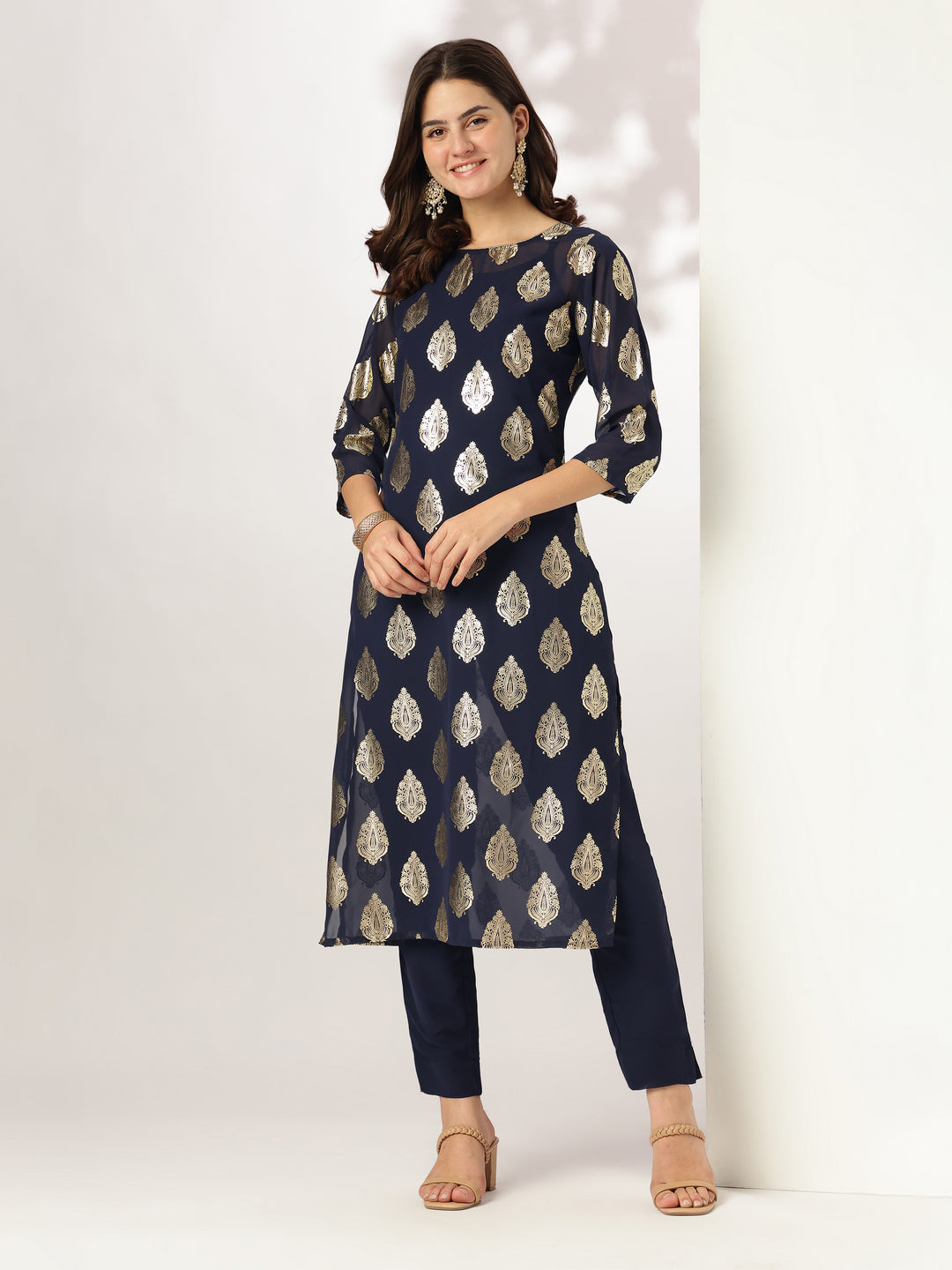 Janasya Dark Georgette Foil Print Straight Kurta Set