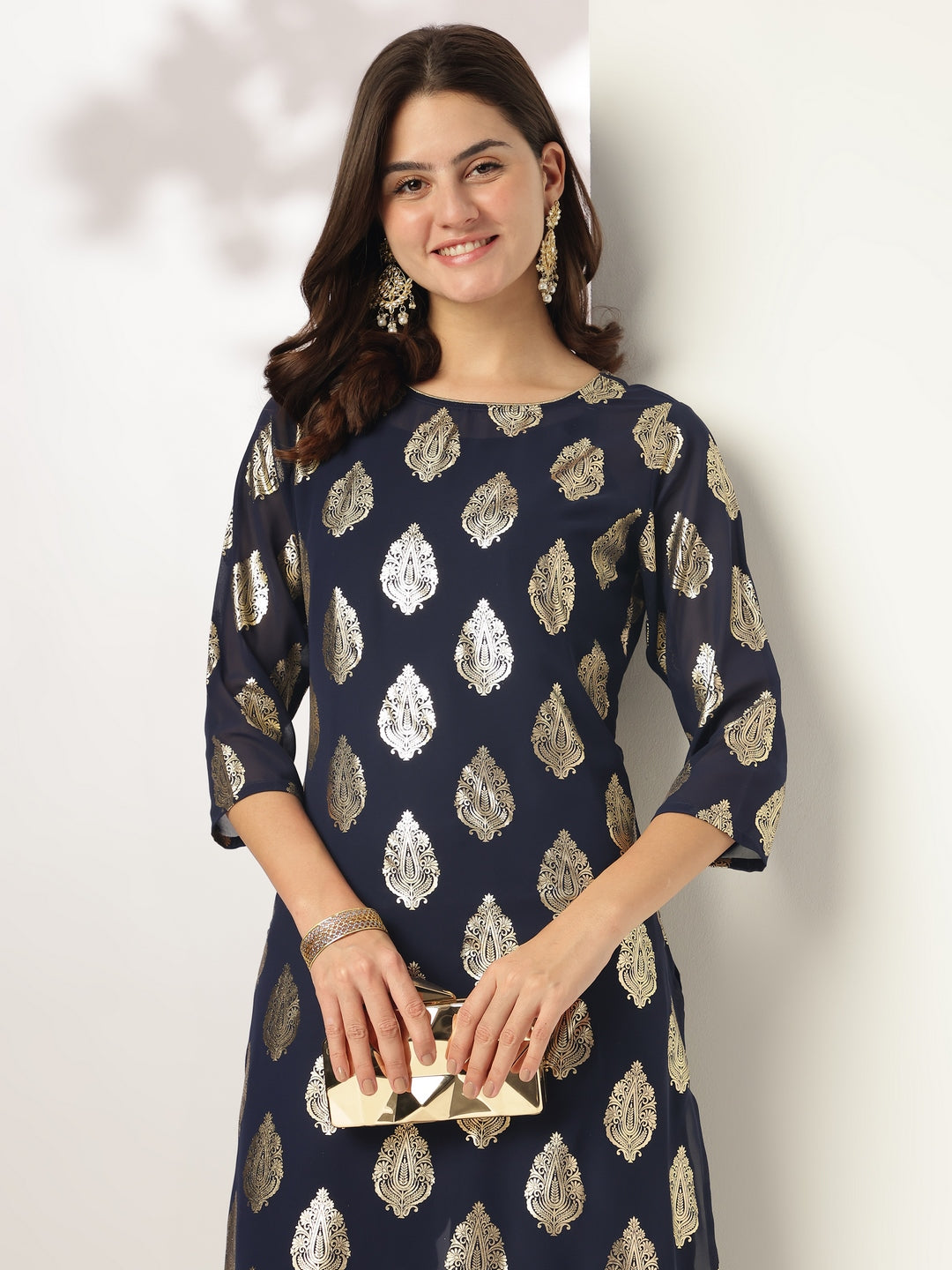Janasya Dark Georgette Foil Print Straight Kurta Set - Distacart