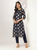 Janasya Dark Georgette Foil Print Straight Kurta Set - Distacart