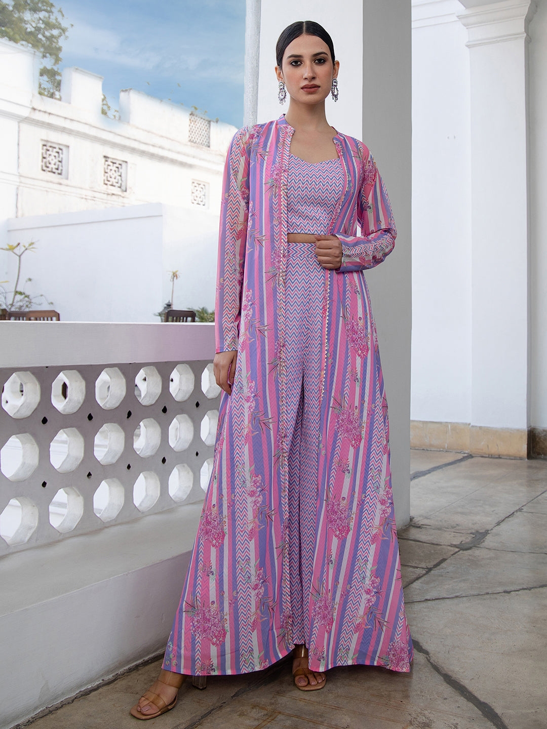 Janasya Lavender Georgette Chevron Regular Co-ord Set - Distacart