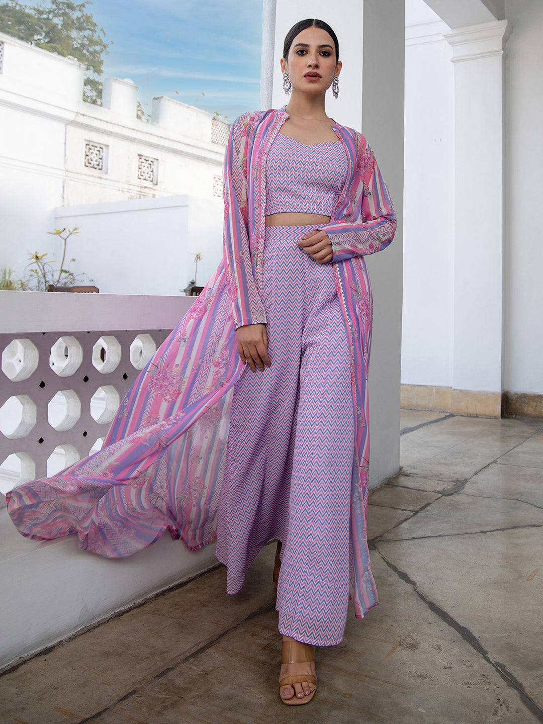 Janasya Lavender Georgette Chevron Regular Co-ord Set