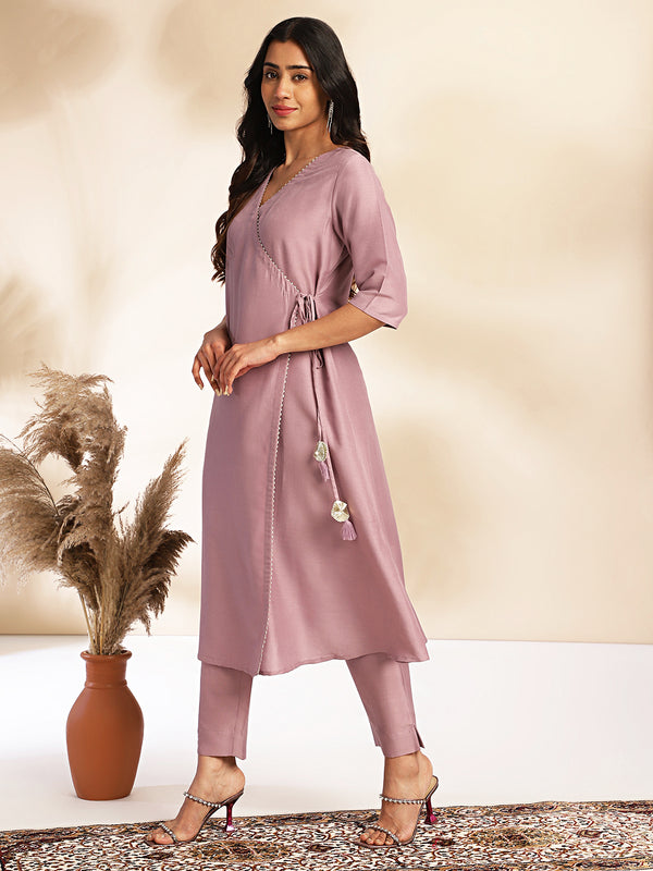 Janasya Lavender Chinnon Solid Wrap Kurta Set