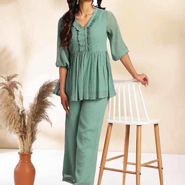 Janasya Sage Dobby Chiffon Woven Design Peplum Top & Bottom Set
