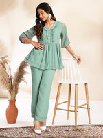 Thumbnail for Janasya Sage Dobby Chiffon Woven Design Peplum Top & Bottom Set