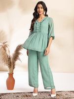 Thumbnail for Janasya Sage Dobby Chiffon Woven Design Peplum Top & Bottom Set