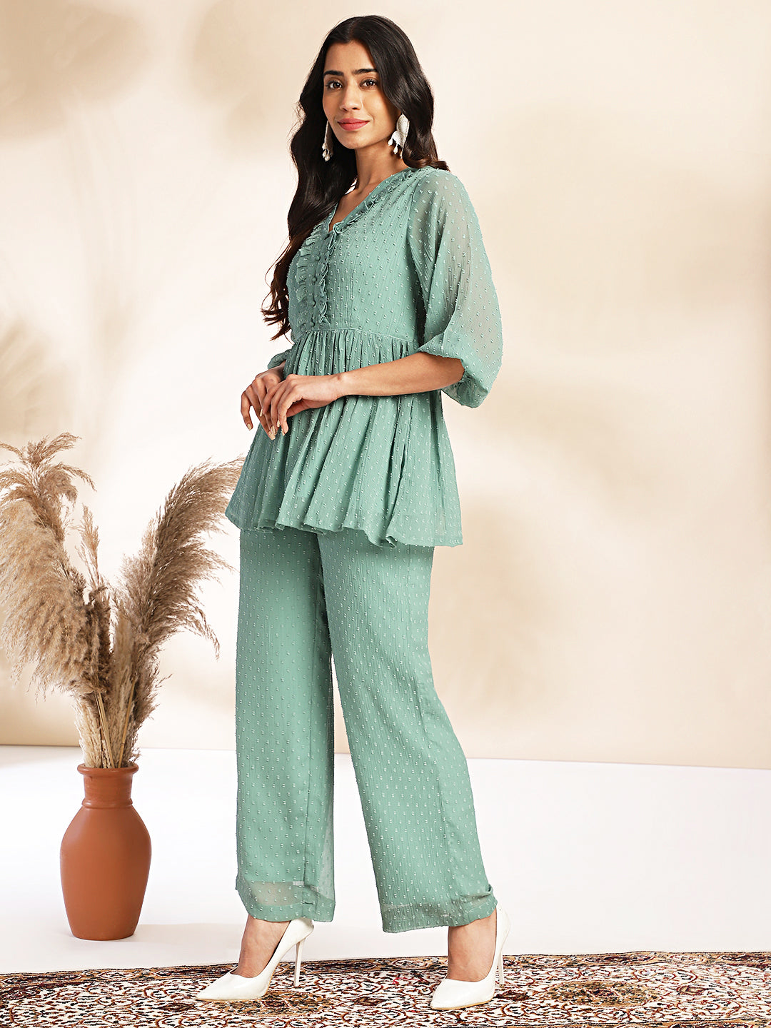 Janasya Sage Dobby Chiffon Woven Design Peplum Top & Bottom Set
