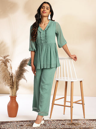 Janasya Sage Dobby Chiffon Woven Design Peplum Top & Bottom Set