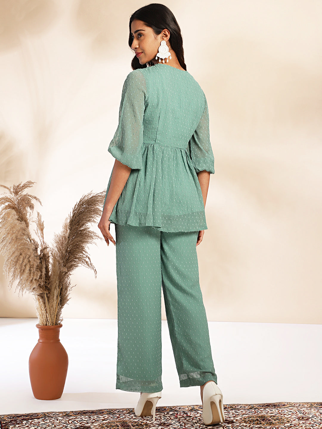 Janasya Sage Dobby Chiffon Woven Design Peplum Top & Bottom Set
