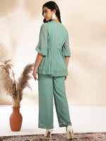 Thumbnail for Janasya Sage Dobby Chiffon Woven Design Peplum Top & Bottom Set