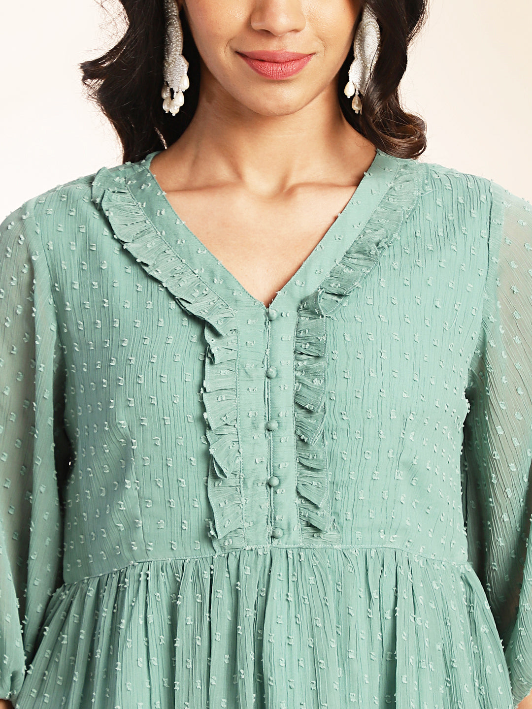 Janasya Sage Dobby Chiffon Woven Design Peplum Top & Bottom Set