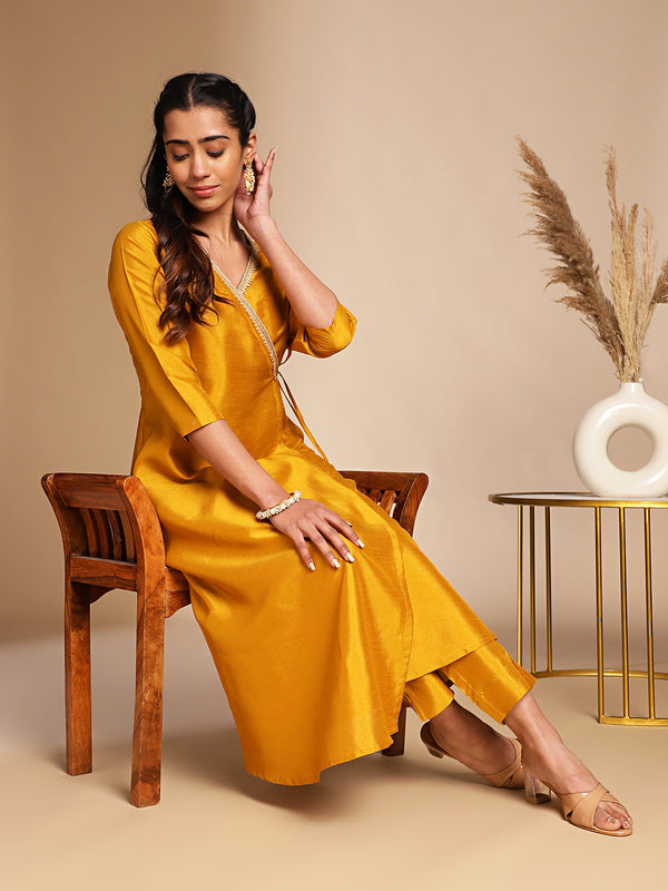 Janasya Mustard Crepe Silk Solid Wrap Kurta Set
