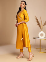 Thumbnail for Janasya Mustard Crepe Silk Solid Wrap Kurta Set