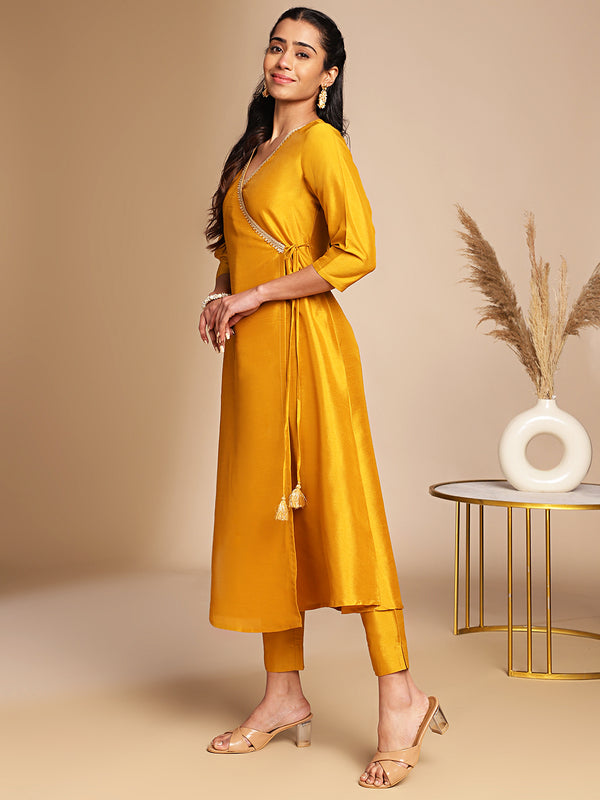 Janasya Mustard Crepe Silk Solid Wrap Kurta Set