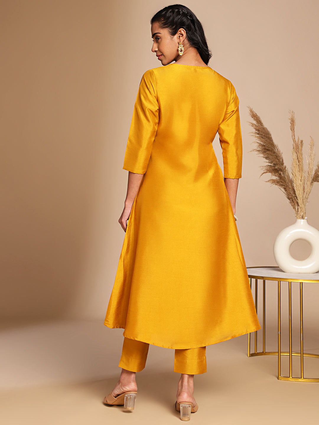 Janasya Mustard Crepe Silk Solid Wrap Kurta Set