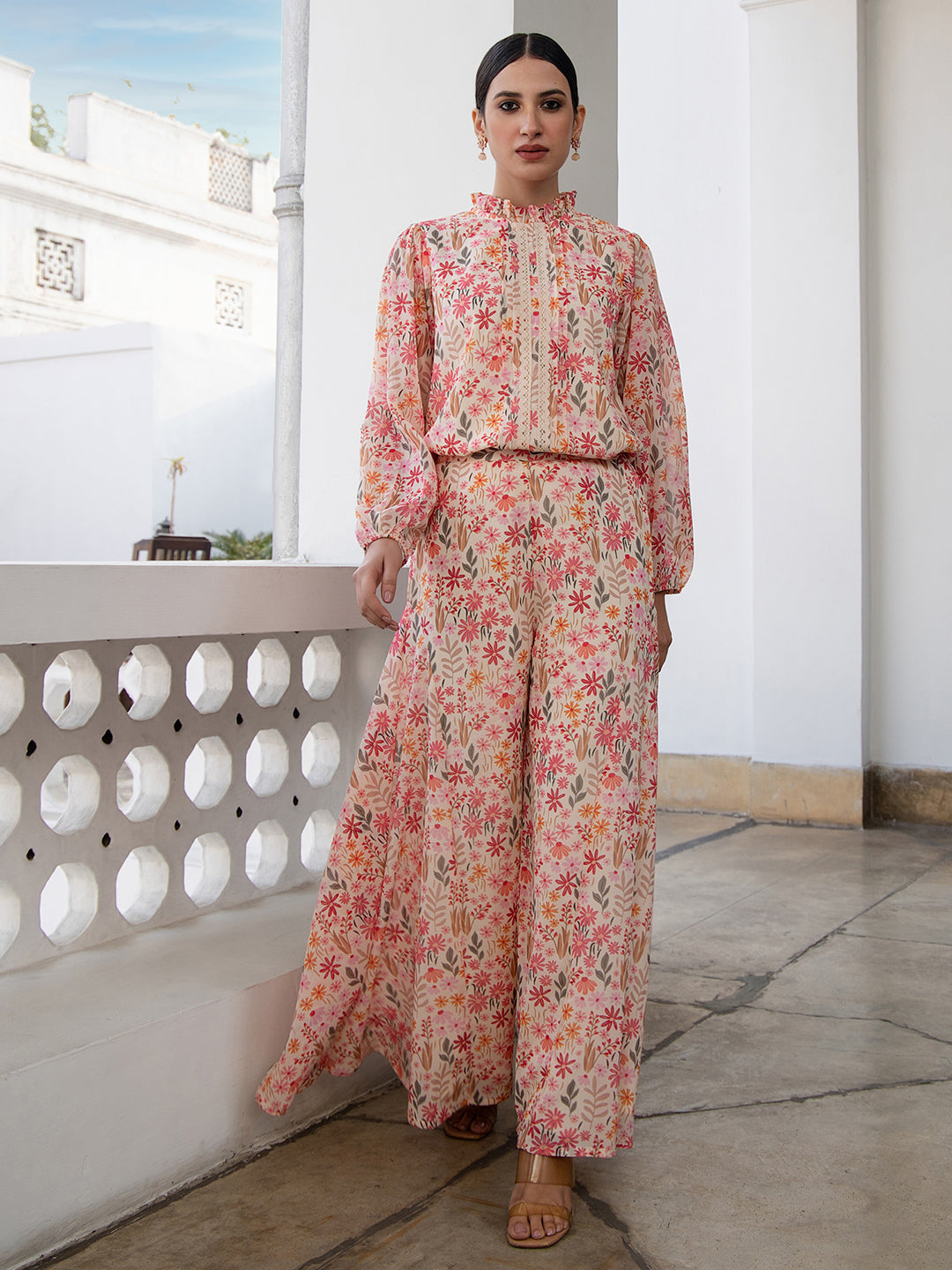 Janasya Beige Georgette Floral Regular Top & Bottom Set