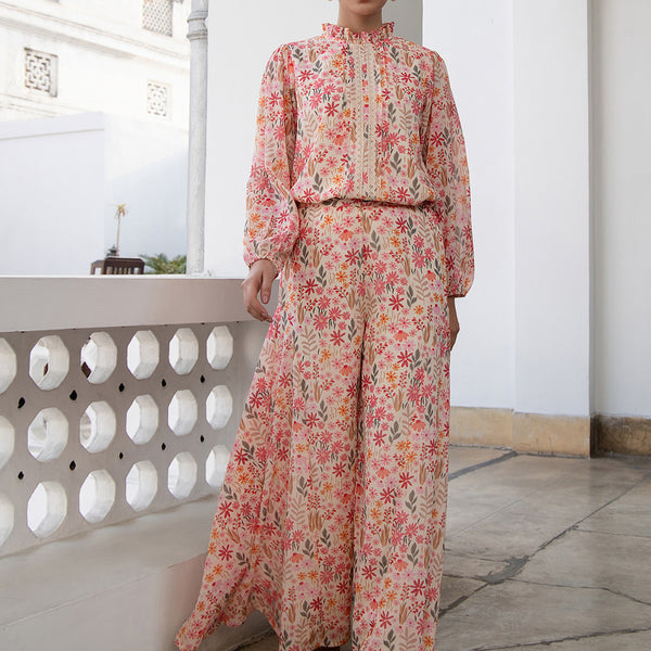 Janasya Beige Georgette Floral Regular Top & Bottom Set