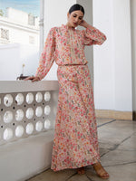Thumbnail for Janasya Beige Georgette Floral Regular Top & Bottom Set