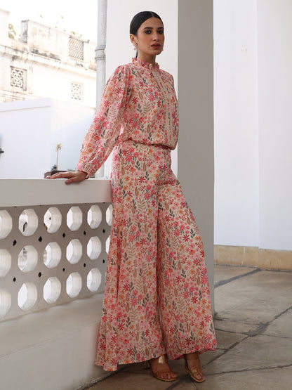 Janasya Beige Georgette Floral Regular Top & Bottom Set - Distacart