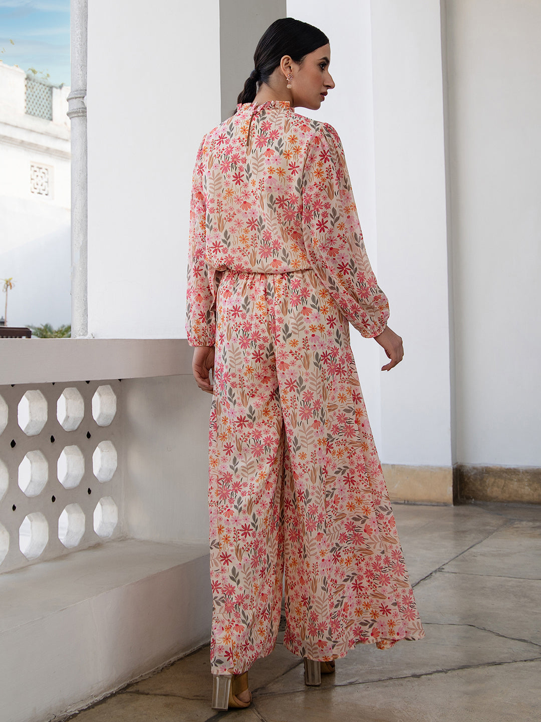 Janasya Beige Georgette Floral Regular Top & Bottom Set