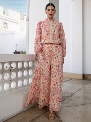 Janasya Beige Georgette Floral Regular Top & Bottom Set