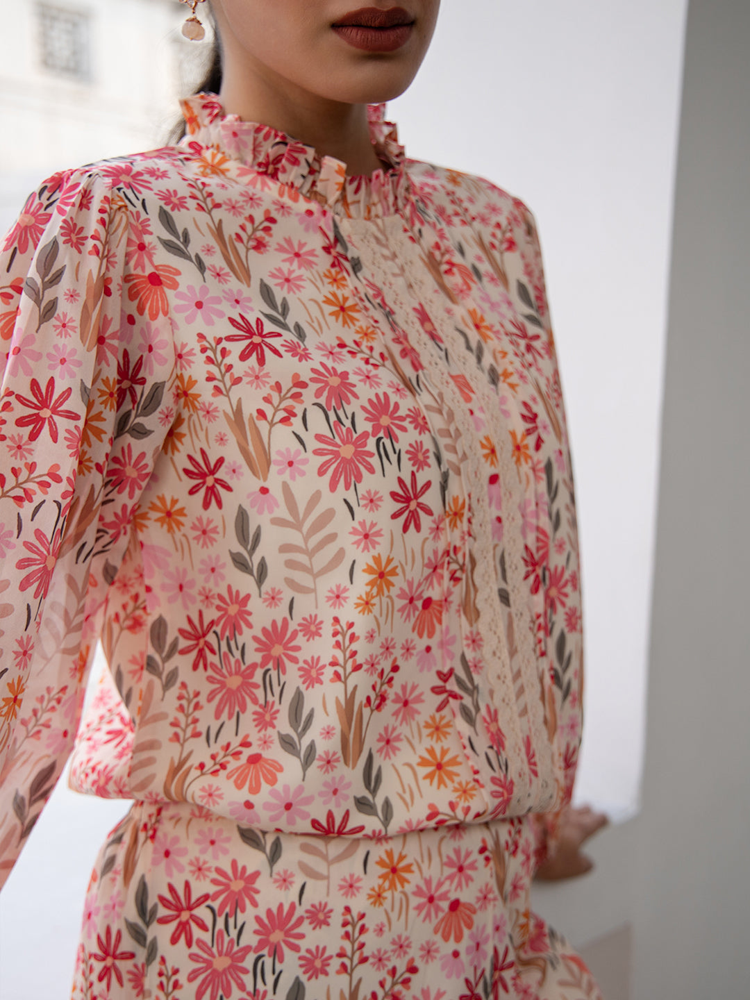 Janasya Beige Georgette Floral Regular Top & Bottom Set