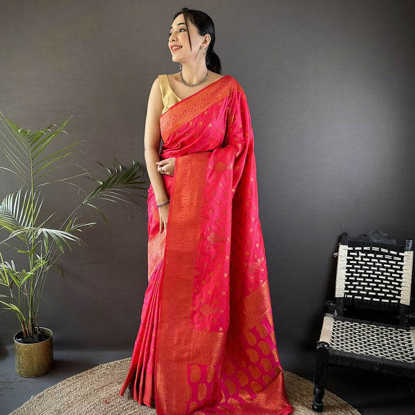 Joban Fashion Banarasi Hot Pink Woven Soft Silk Saree - Distacart