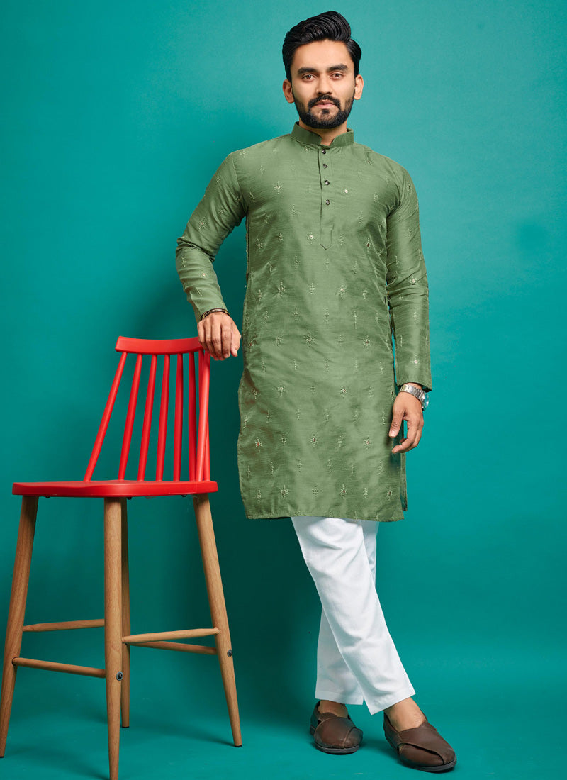 Prazu Fashion Light Green Silk Embroidered Kurta With Pajama