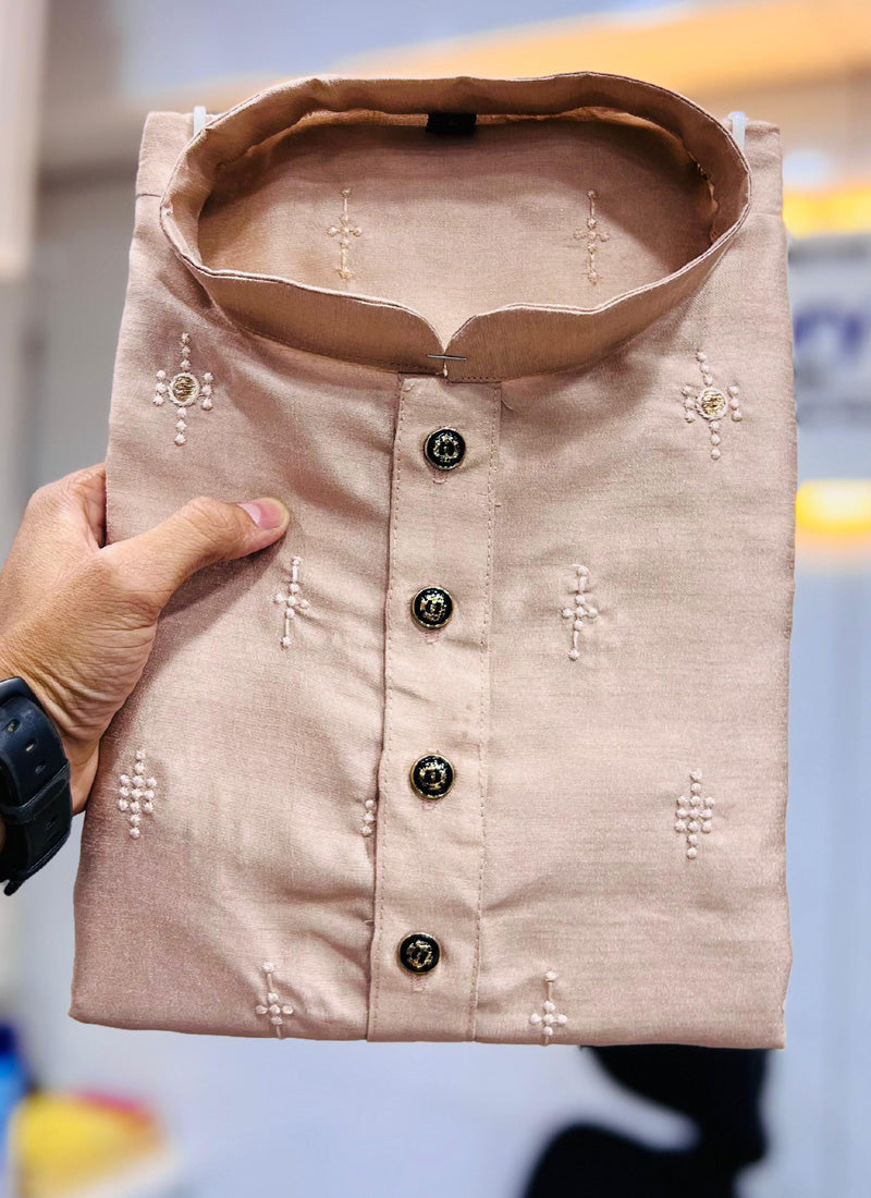 Prazu Fashion Light Peach Silk Embroidered Kurta With Pajama