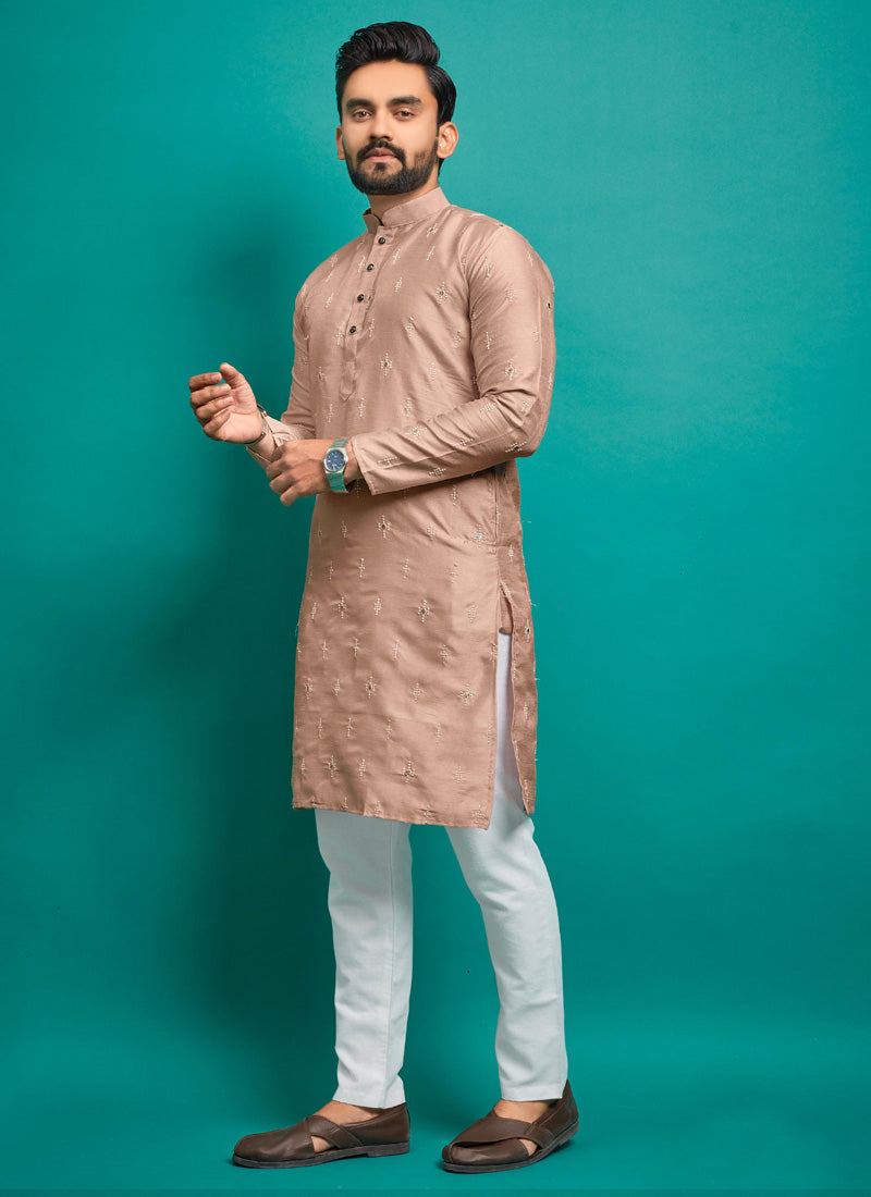 Prazu Fashion Light Peach Silk Embroidered Kurta With Pajama
