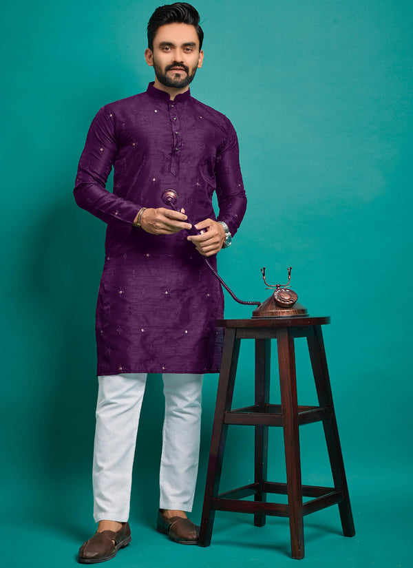 Prazu Fashion Purple Silk Embroidered Kurta With Pajama