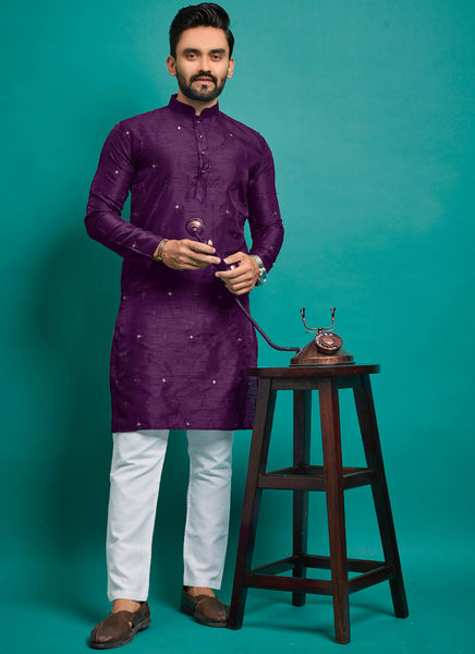 Prazu Fashion Purple Silk Embroidered Kurta With Pajama