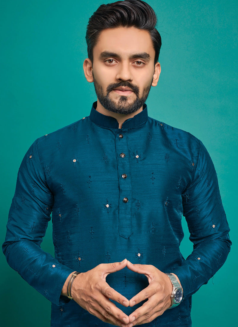 Prazu Fashion Royal Blue Silk Embroidered Kurta With Pajama