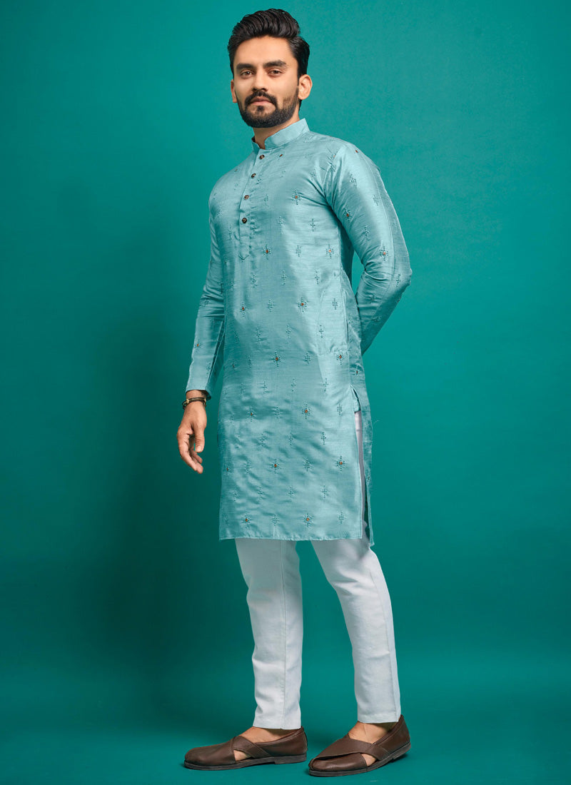 Prazu Fashion Sky Blue Silk Embroidered Kurta With Pajama